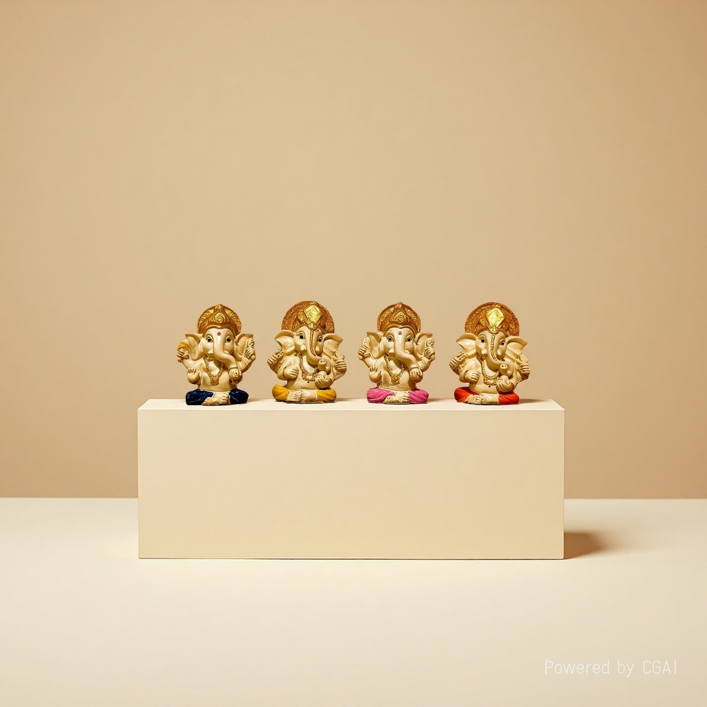 Four resin statues of the elephant-head God, Buddha statues and statues of Maitreya Buddha and Holy Mother