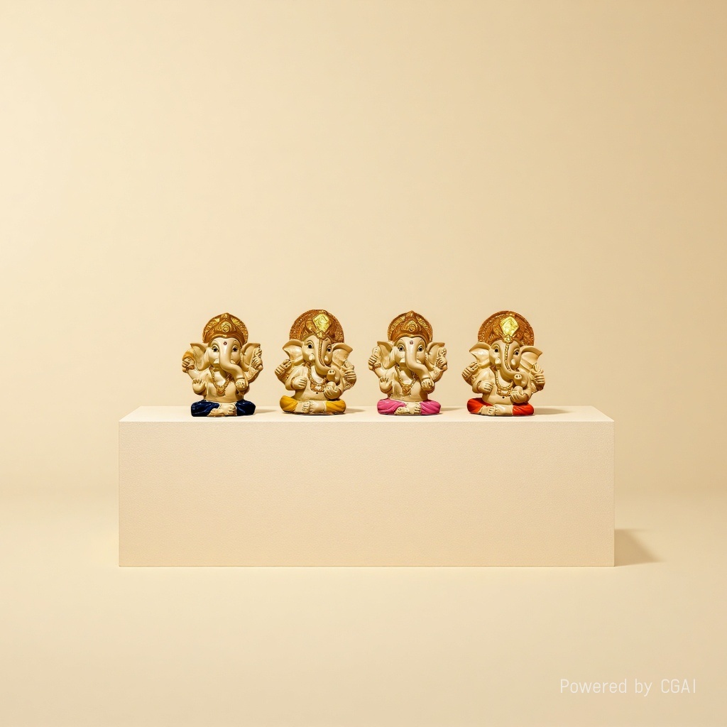 Four resin statues of the elephant-head God, Buddha statues and statues of Maitreya Buddha and Holy Mother details Picture