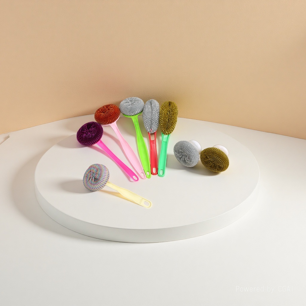 This is a powerful tool for scrubbing POTS with handles. It uses steel wool balls to scrub POTS and dishes without shedding threads. It also uses iron wire balls for kitchen and household cleaning