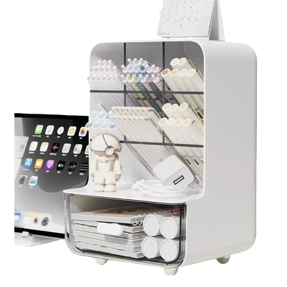 Slanting pen holder storage box, multi-layer large-capacity with drawer, desktop student pen case, office desk stationery storage rack, 141630601 Application Scenario