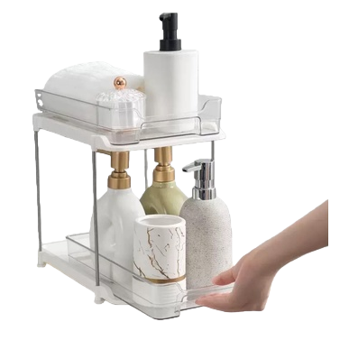 Light luxury double-layer pull-out storage rack, bathroom cosmetics storage rack, non-drilling desktop organization rack, 144208284 Application Scenario