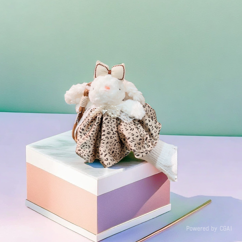 Simulated animal plush rabbit doll, leopard print fabric decoration, food and play accessories, long details Picture