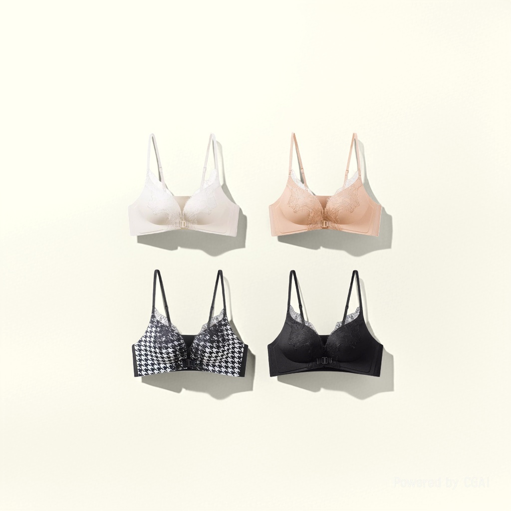 Milk white skin tone, checkered black four-color pattern bra pic 5