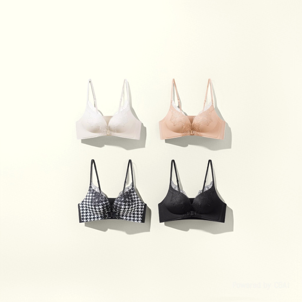 Milk white skin tone, checkered black four-color pattern bra details Picture
