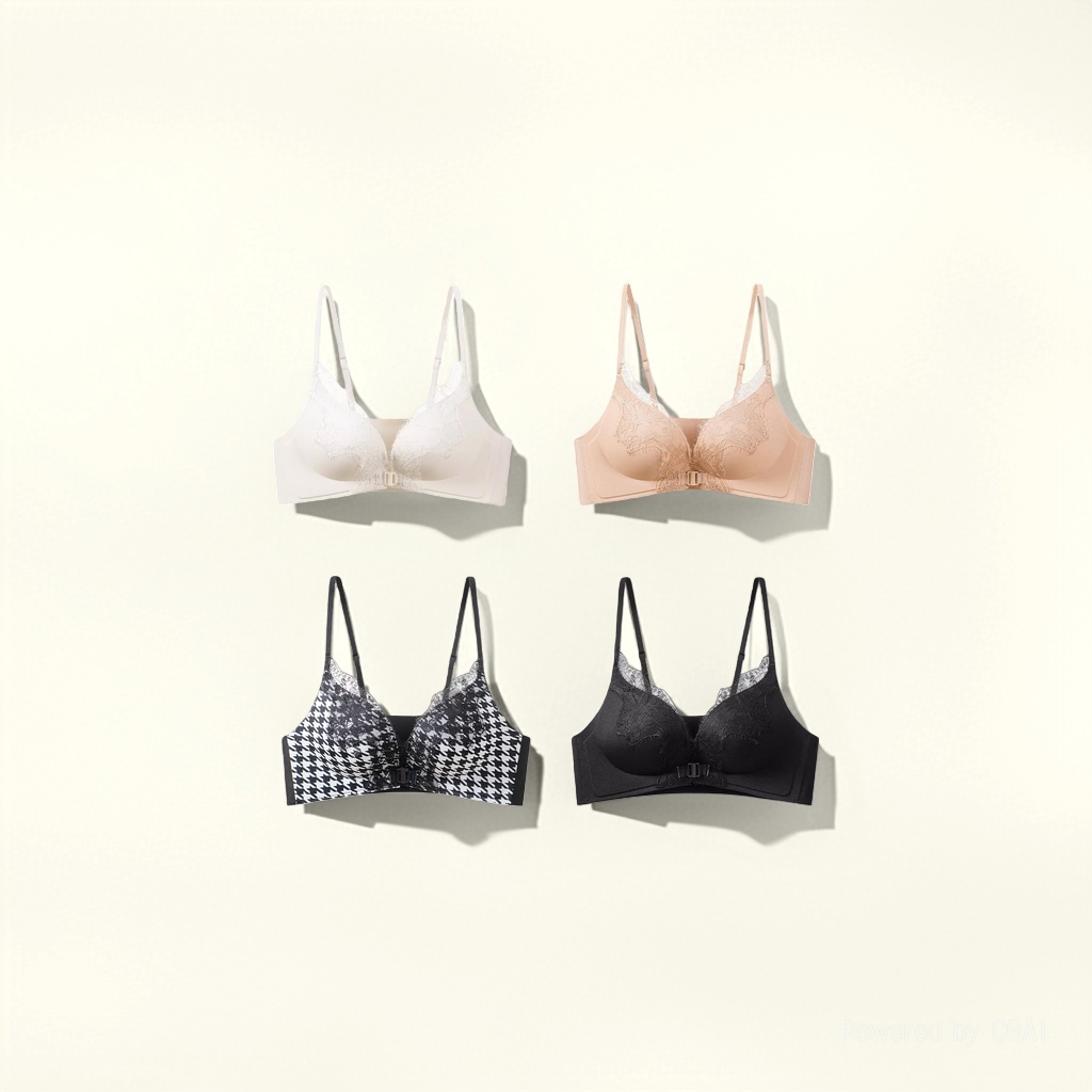 Milk white skin tone, checkered black four-color pattern bra pic 3