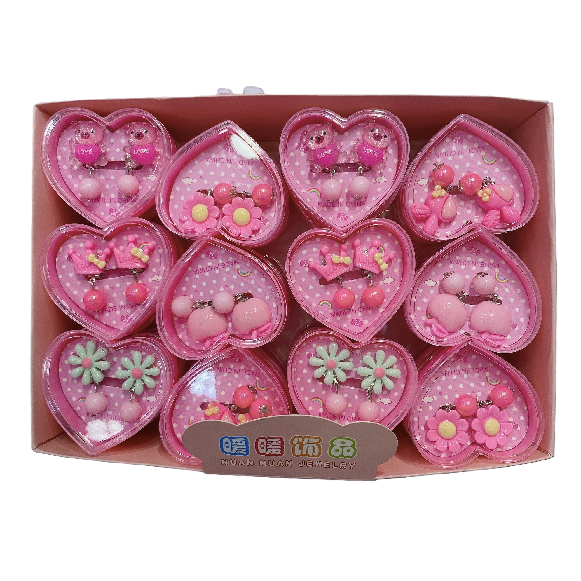 Pink children's jewelry set, bear flower crown, peach earrings, necklace gift box Item Picture