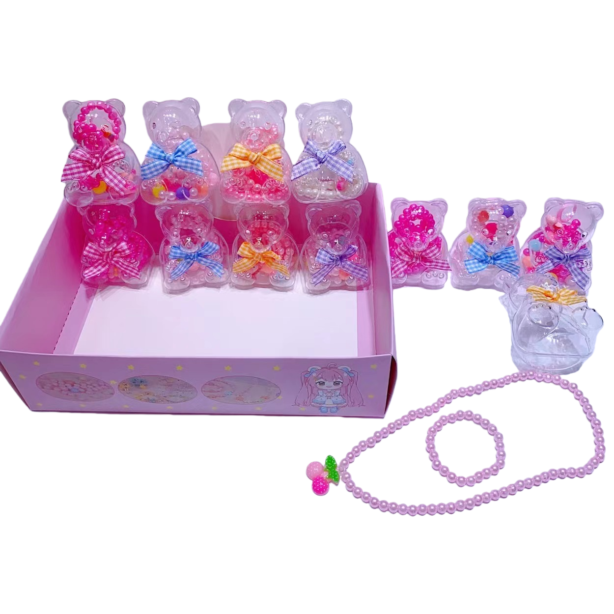 Warm Warm Accessories Transparent bear-shaped jewelry box with pink bead chain Baroque pearl cultivated diamond natural loose beads smartwatch Item Picture