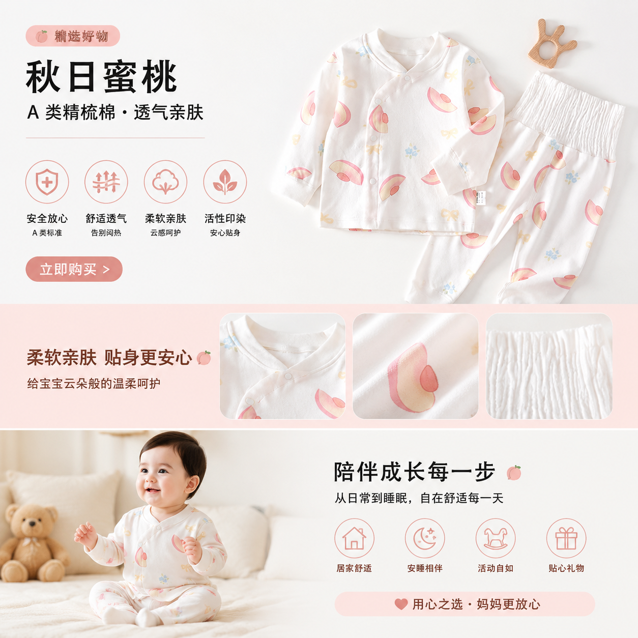 秋日蜜桃图案婴儿童睡衣套装可爱舒适详情1