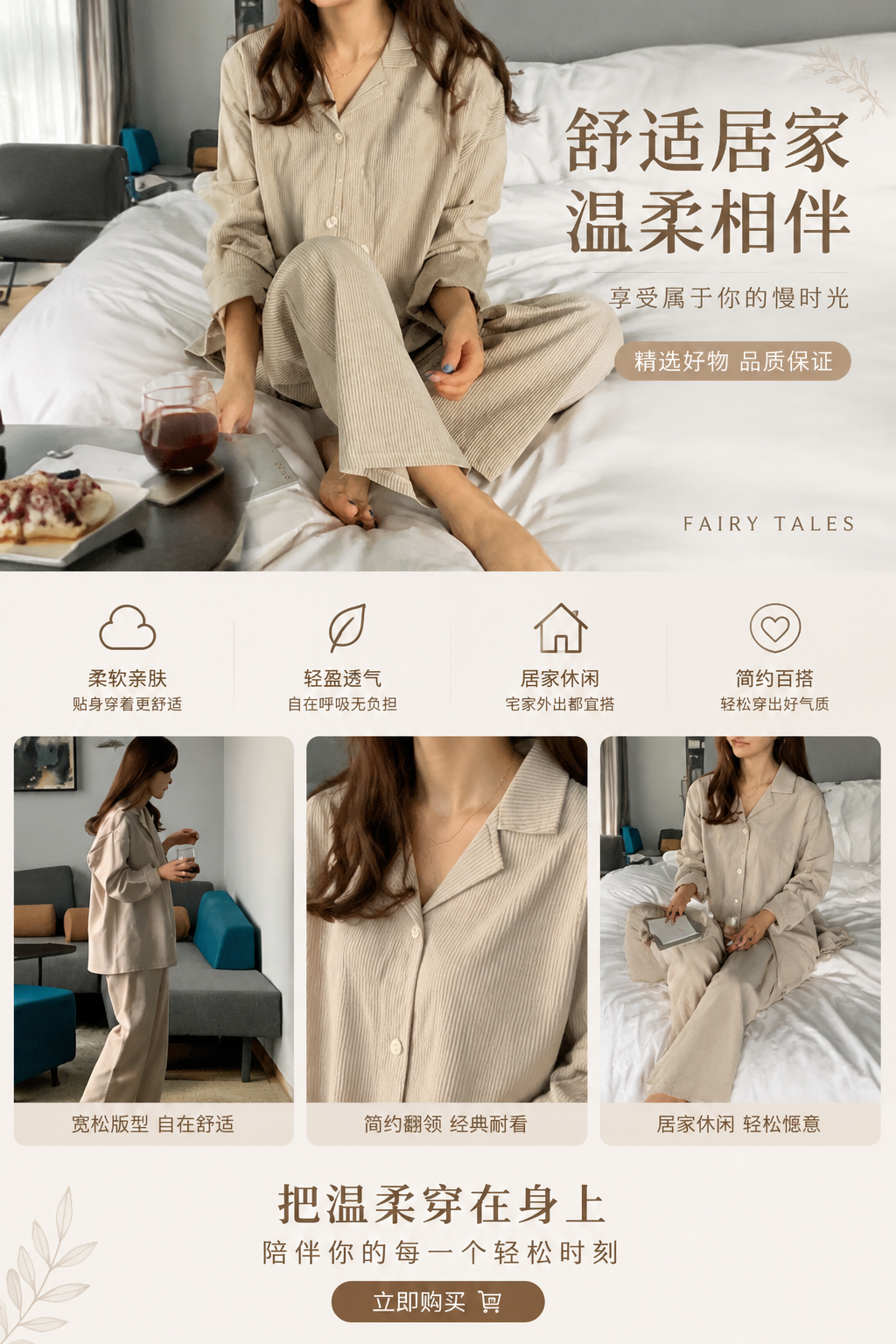 女式春夏季居家休闲设计感浅色系条纹感睡衣套装详情1