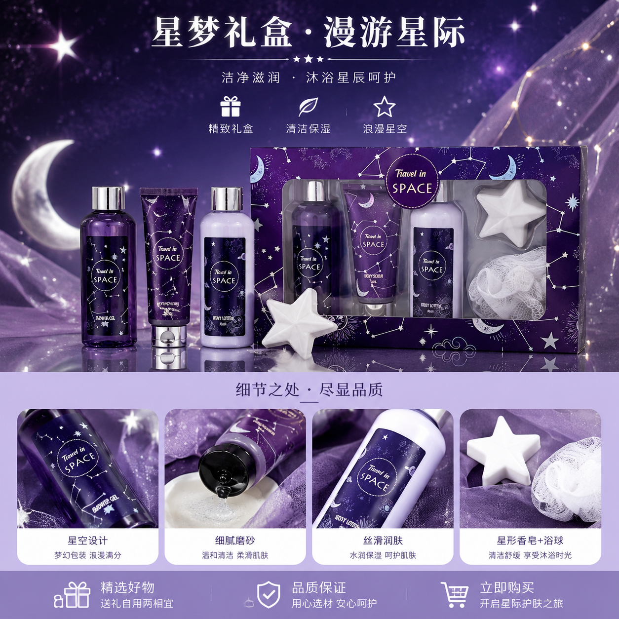 紫色星空主题沐浴套装 礼盒装 舒缓香氛沐浴露身体乳详情1