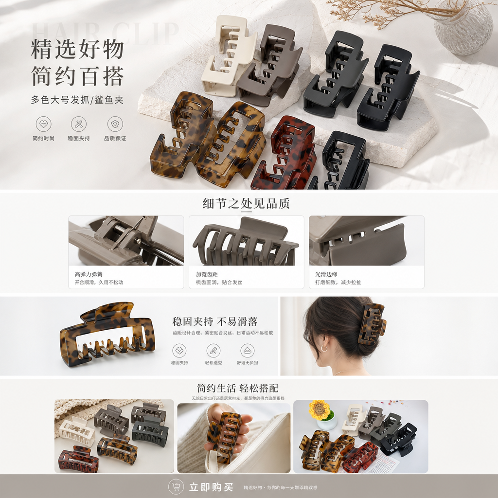 鲨鱼夹香蕉抓夹发卡发夹套装 防滑大号盘发工具详情1