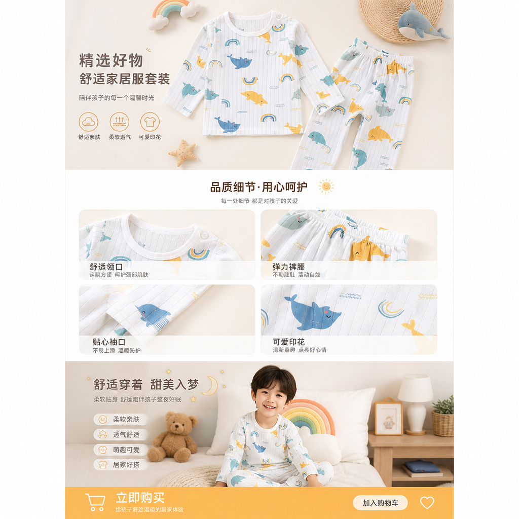 儿童舒适春夏款海豚彩虹卡通图案睡衣详情1