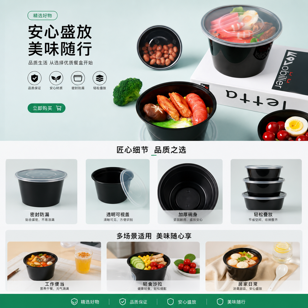 圆形1000ml一次性餐盒黑色外卖打包盒商用加厚汤碗快餐盒便当饭盒详情1