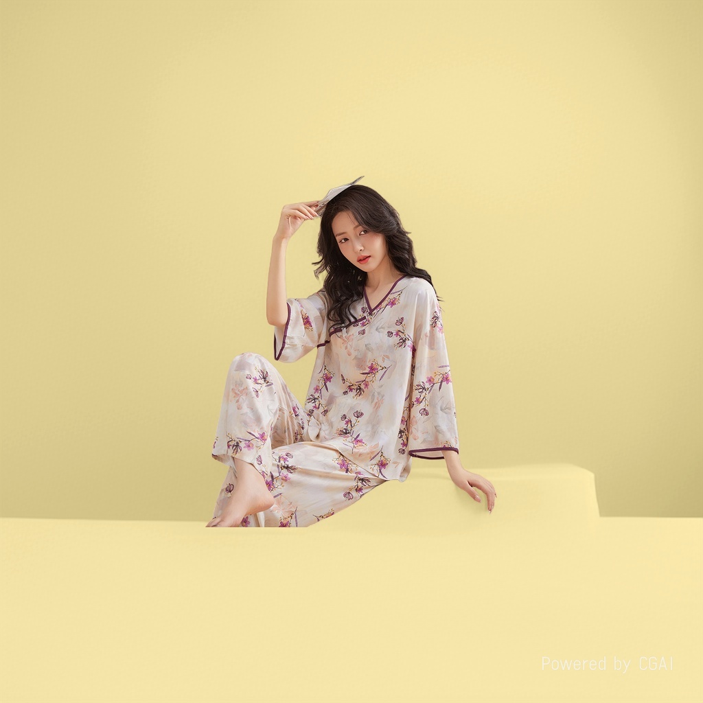 新中式睡衣女春夏季新款绵绸盘扣七分袖长裤家居服套装