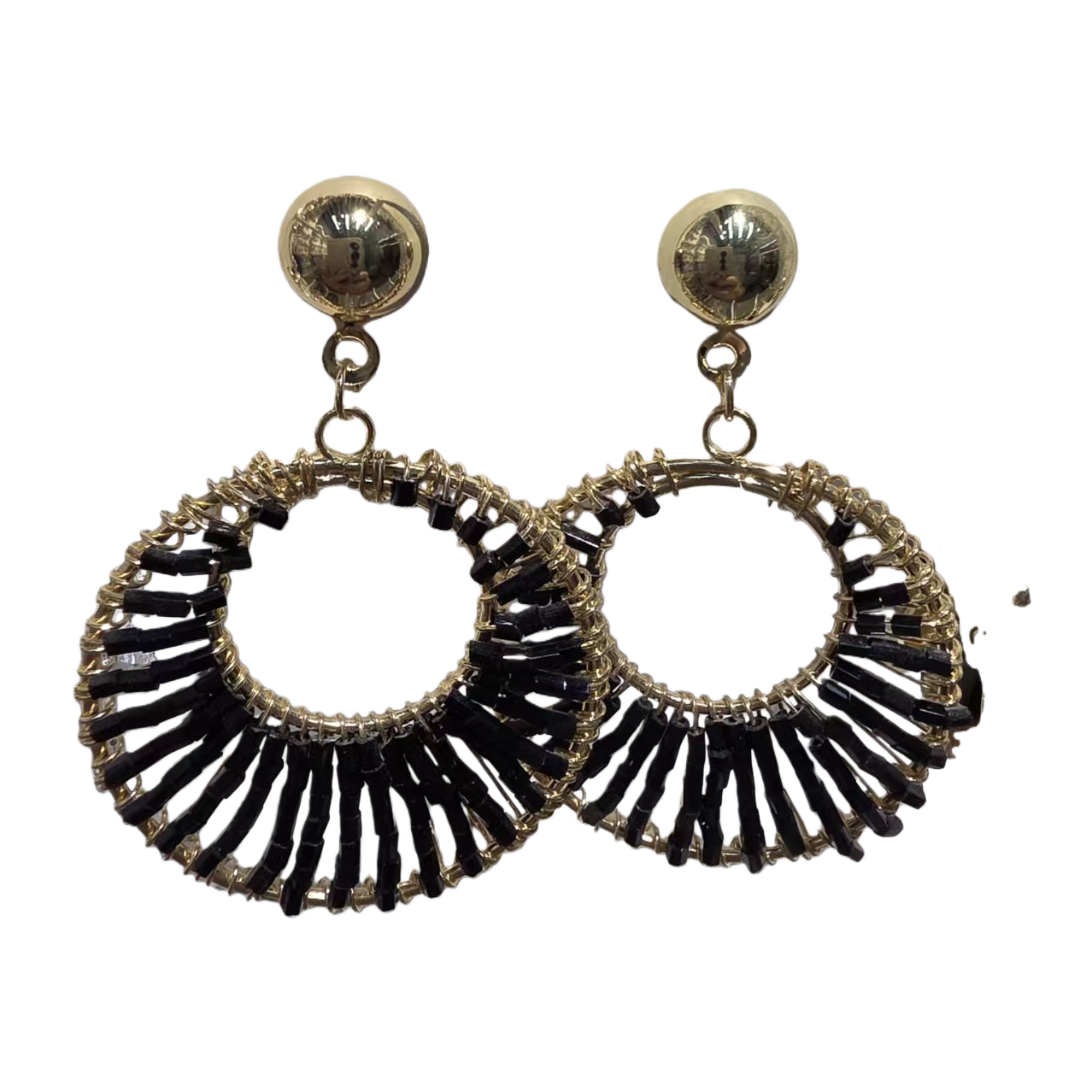 Furui Zhonggu Jewelry World S925 Silver and gold metallic jade earrings with round black tassels