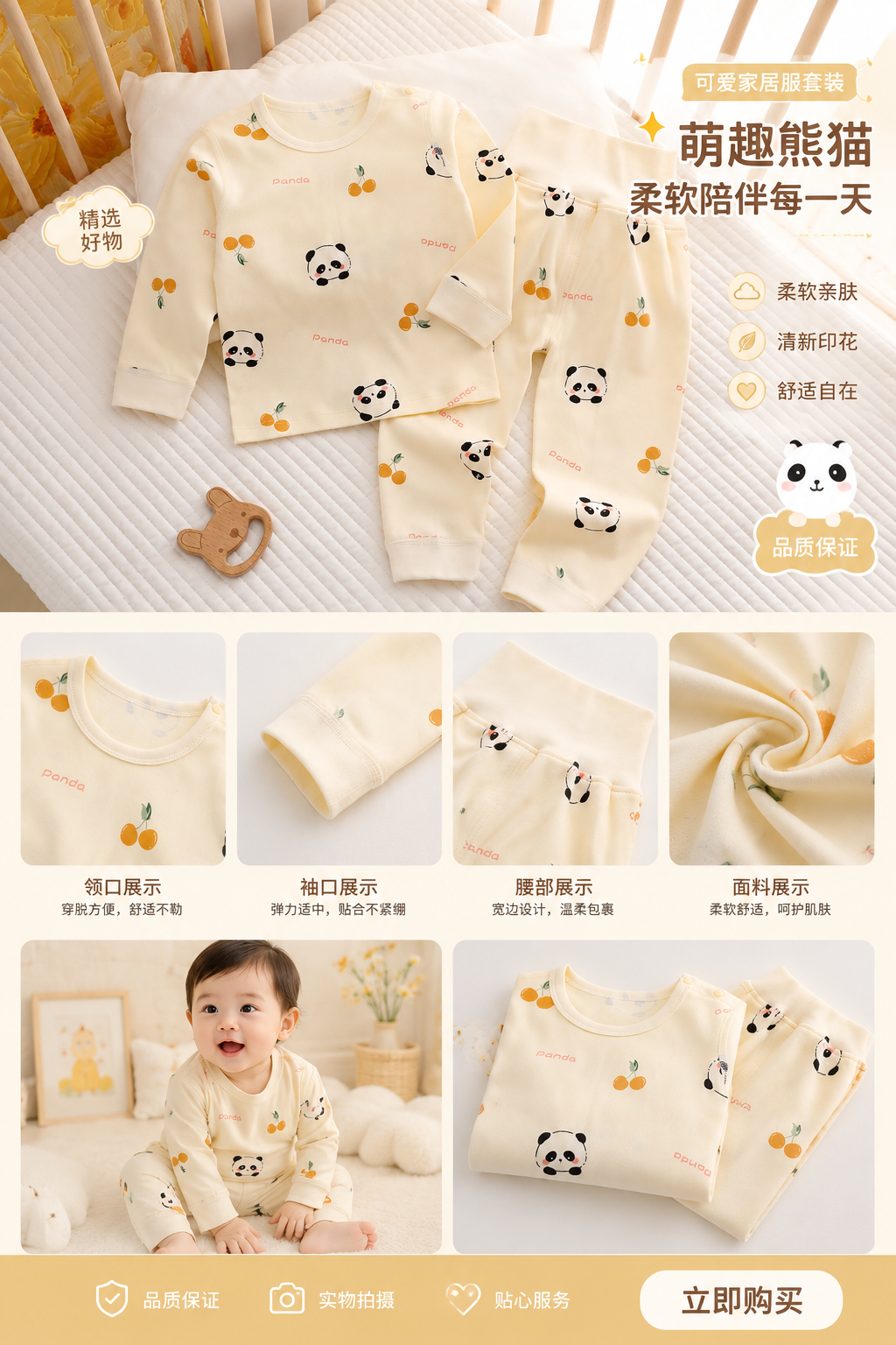 婴幼儿熊猫图案长袖上衣裤子套装 婴儿服装纯棉舒适详情2