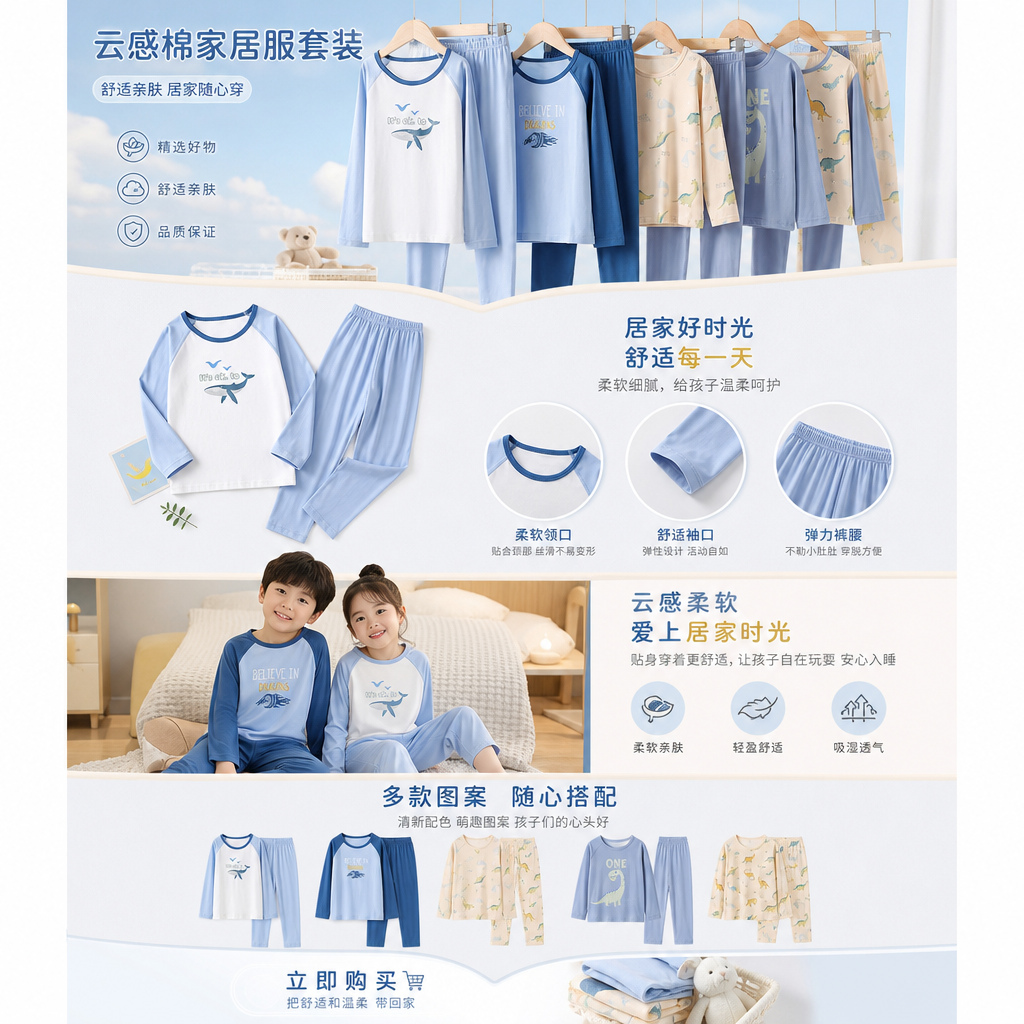 云感棉莫儿童睡衣套装儿童春秋季家居服套装详情1