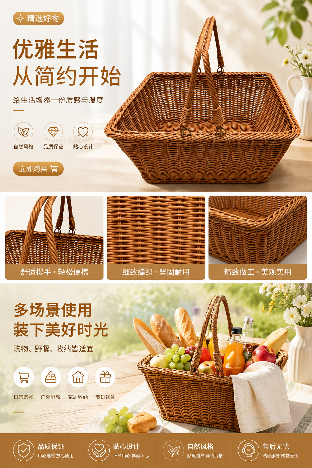 仿藤编长方形双活动把手提篮日常家居收纳篮商超礼品包装篮水果篮野外野餐篮送菜篮伴手礼篮详情2