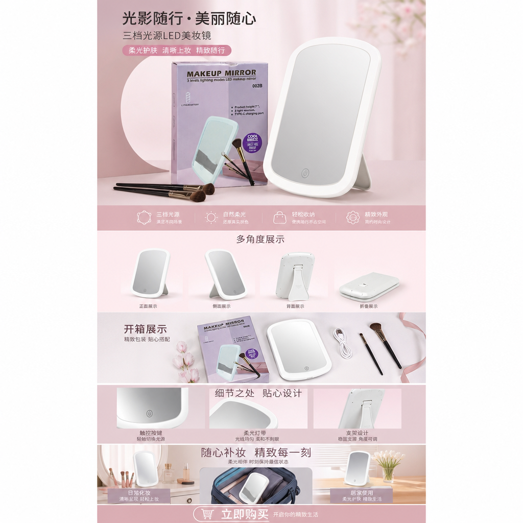 方形灯光化妆镜桌面式详情1