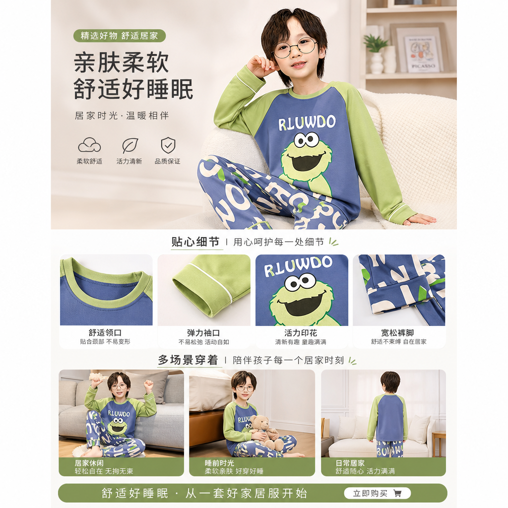 男童睡衣春秋季纯棉长袖宝宝卡通中大童全棉家居服套装详情1