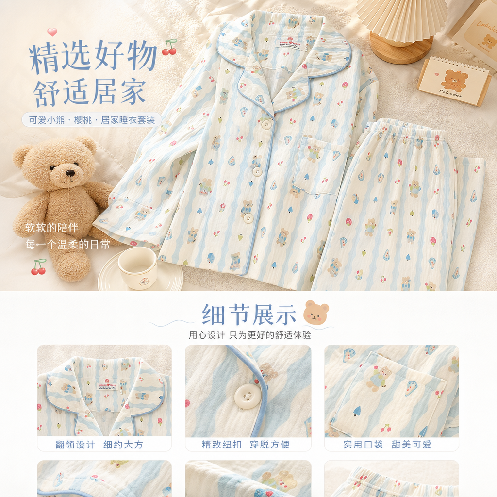 女士家居服云朵棉睡衣女夏季薄款可爱卡通短袖短裤套装详情1