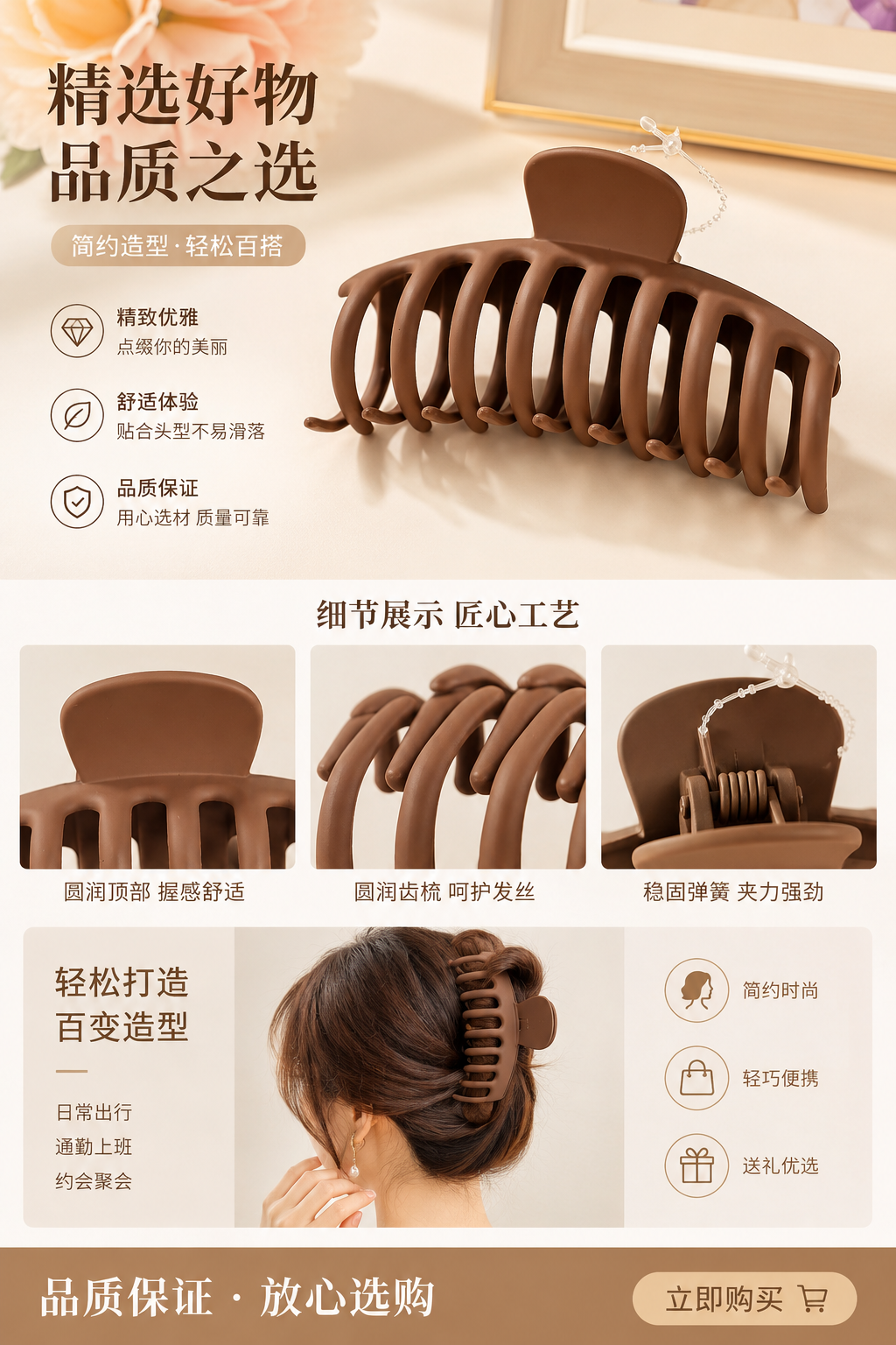 棕色香蕉抓夹发卡饰品 180g 防滑大号发夹详情1