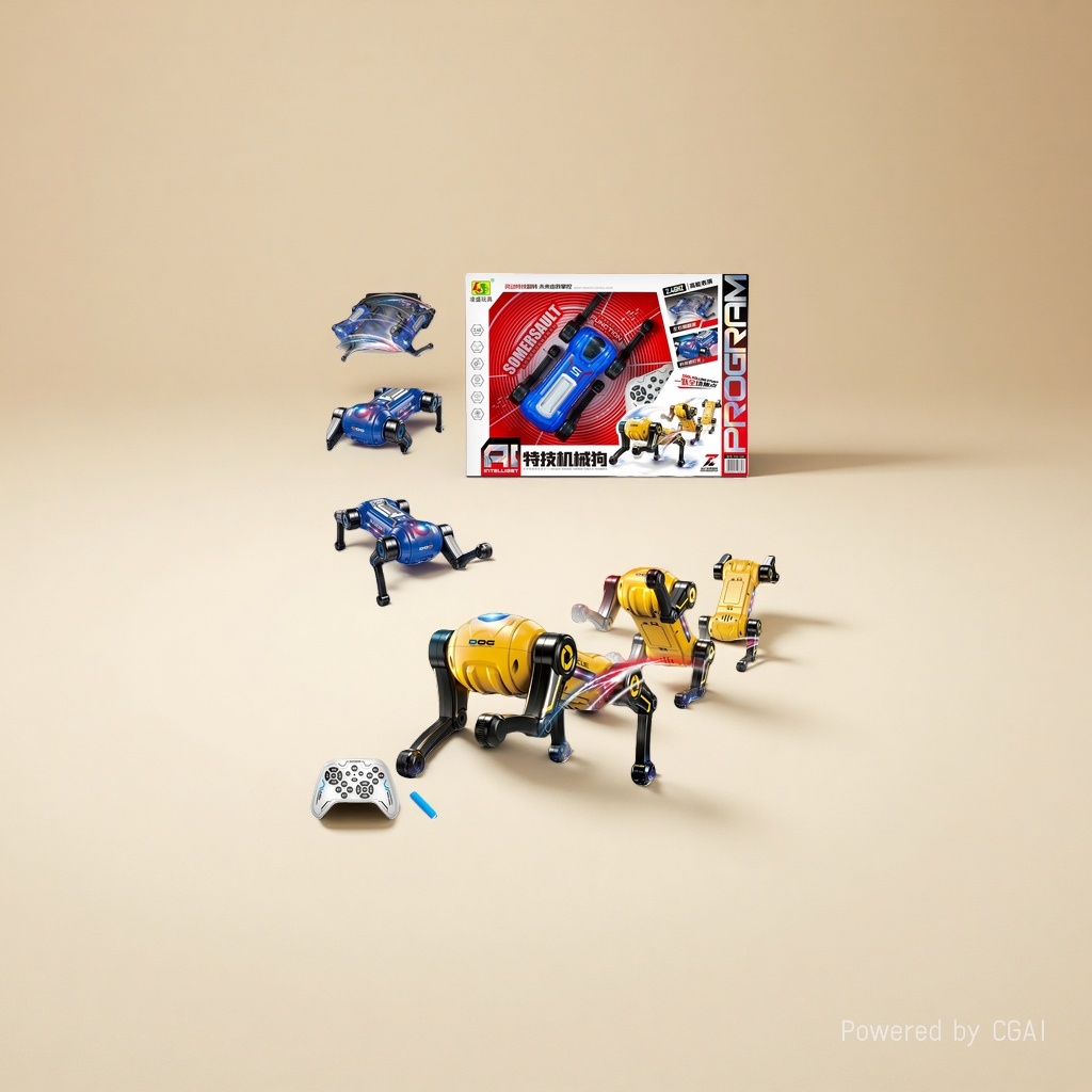 The AI intelligent programming robot dog for tipping stunts, 2.4G remote control, 360° continuous flipping, with a sense of technology and blue and yellow color scheme