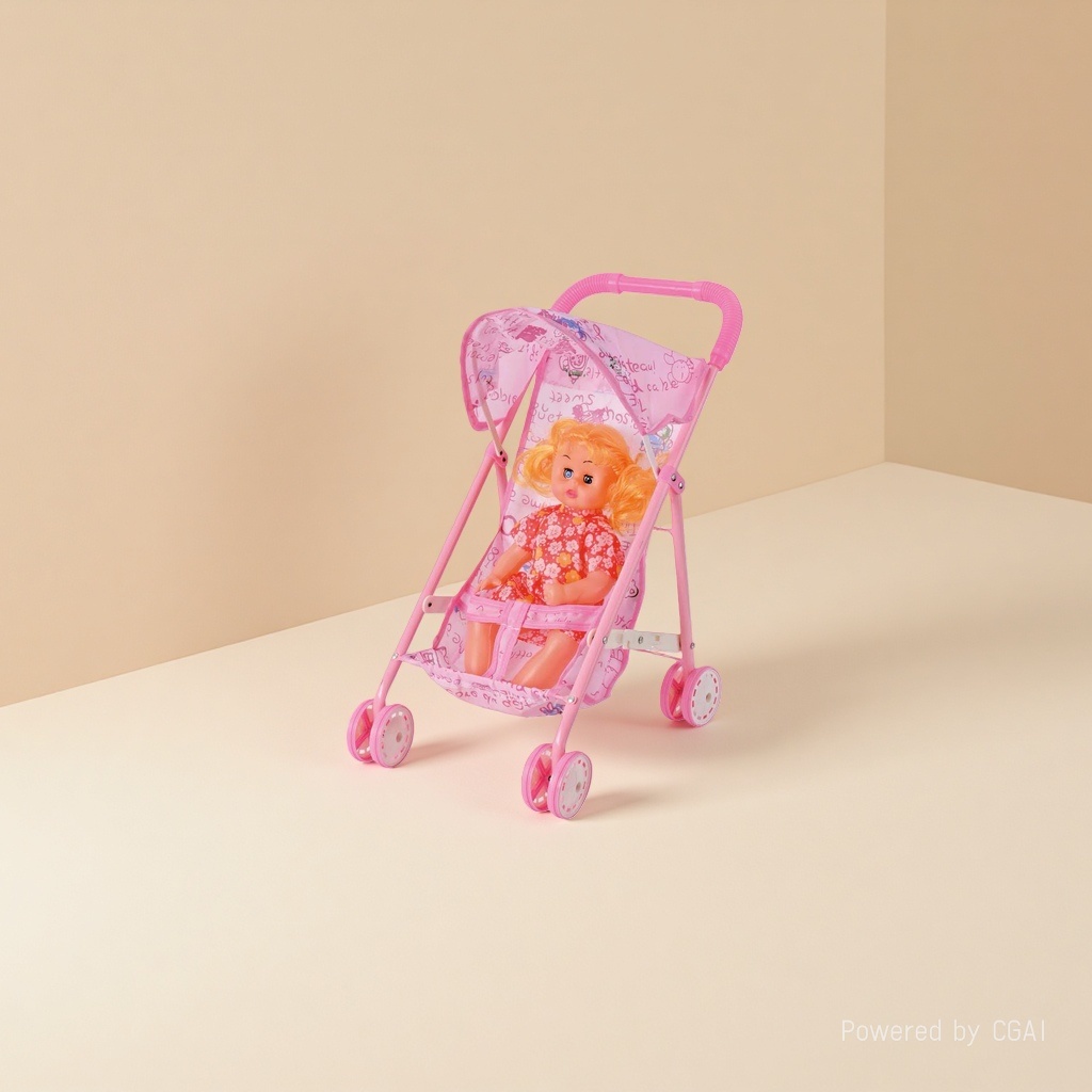 Pink baby walker with toy doll, an educational toy for children to push along
