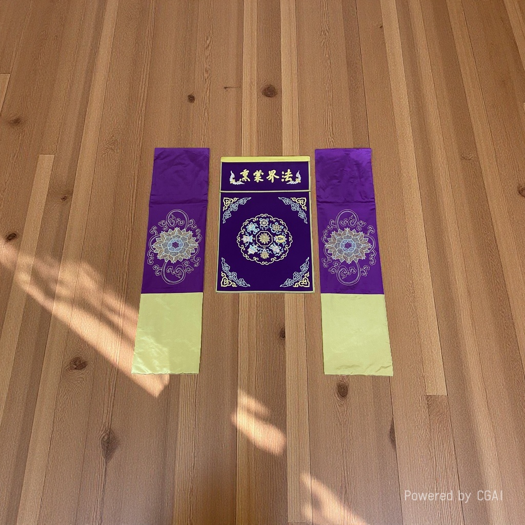 The Buddha hall, the true incense of precepts, the embroidered ornaments for the precepts ceremony, the hanging flags, the prayer flags, the tables, the ritual implements, the lotus flowers, and the ten signs of freedom