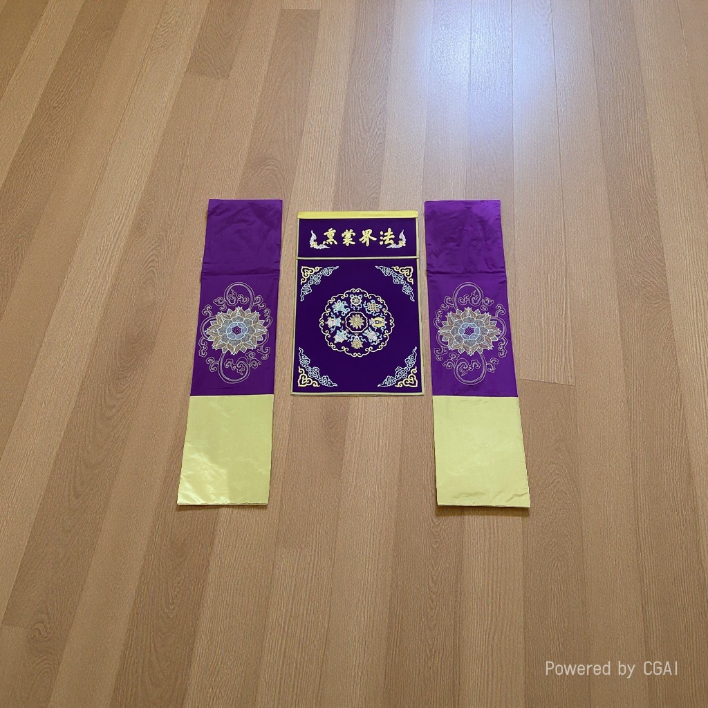 The Buddha hall, the true incense of precepts, the embroidered ornaments for the precepts ceremony, the hanging flags, the prayer flags, the tables, the ritual implements, the lotus flowers, and the ten signs of freedom details Picture