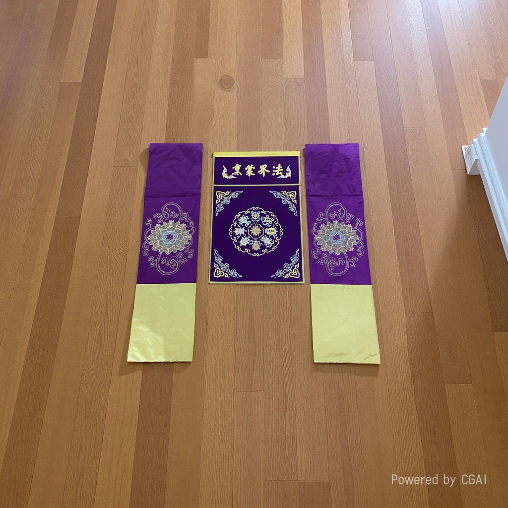 The Buddha hall, the true incense of precepts, the embroidered ornaments for the precepts ceremony, the hanging flags, the prayer flags, the tables, the ritual implements, the lotus flowers, and the ten signs of freedom Specification image