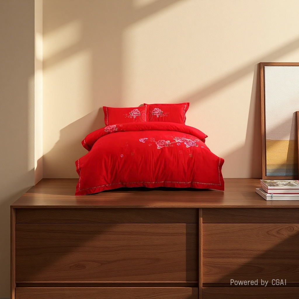 Boda rojo bordado conjunto de cama de cuatro piezas 2026 nuevo estilo de cama textiles para el hogar details Picture