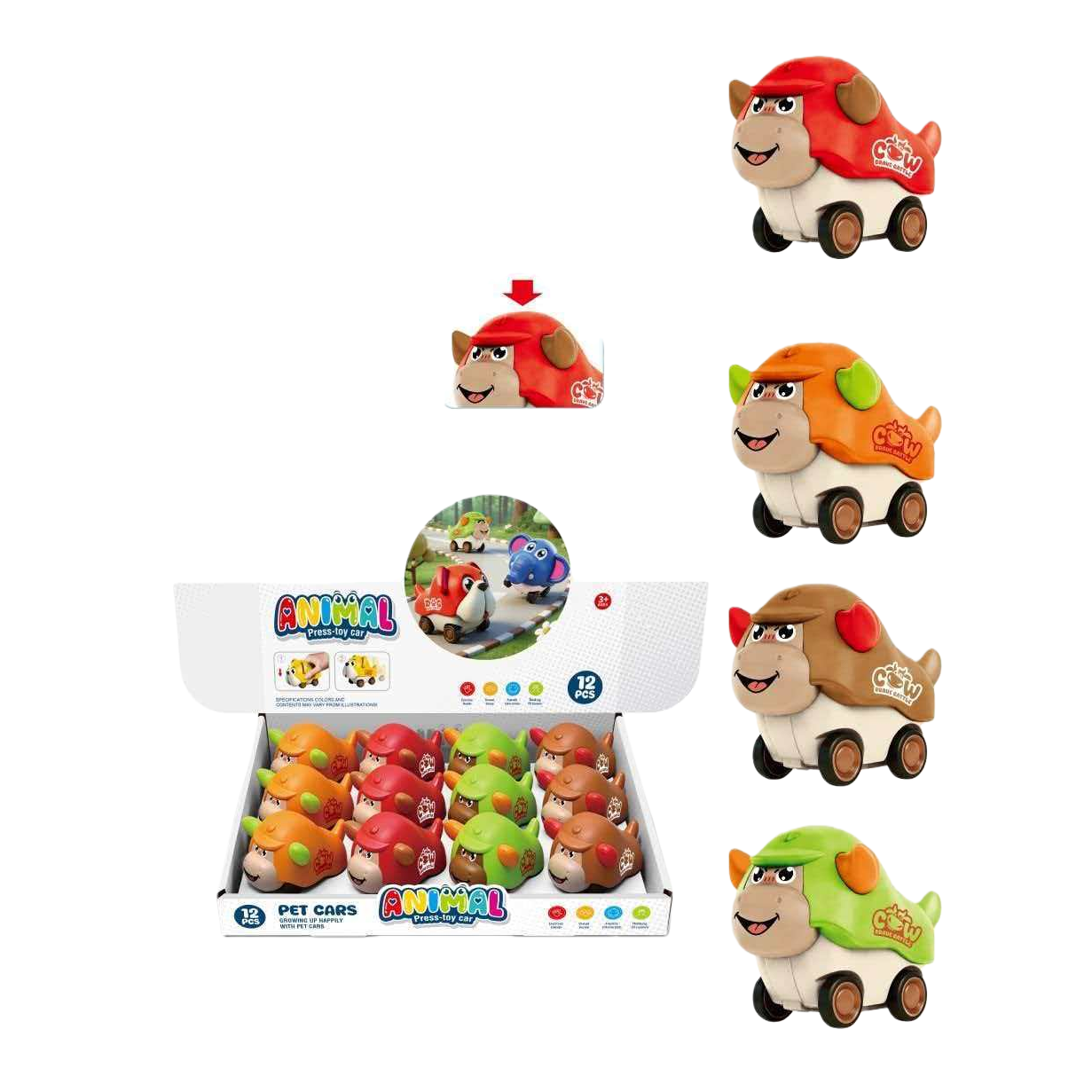 Press the cute little cow toy car for children, four-color mixed packaging, animal-shaped ABS material Item Picture