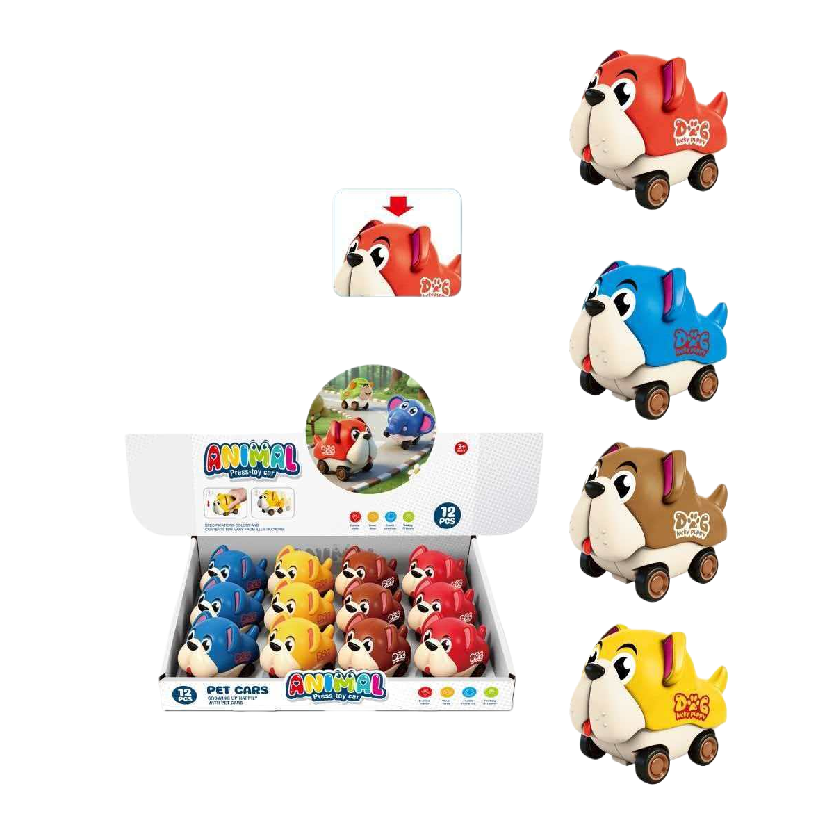 Four-color mixed cartoon dog-shaped press remote control car toy, children's racing car, 12-piece set made of ABS plastic Item Picture