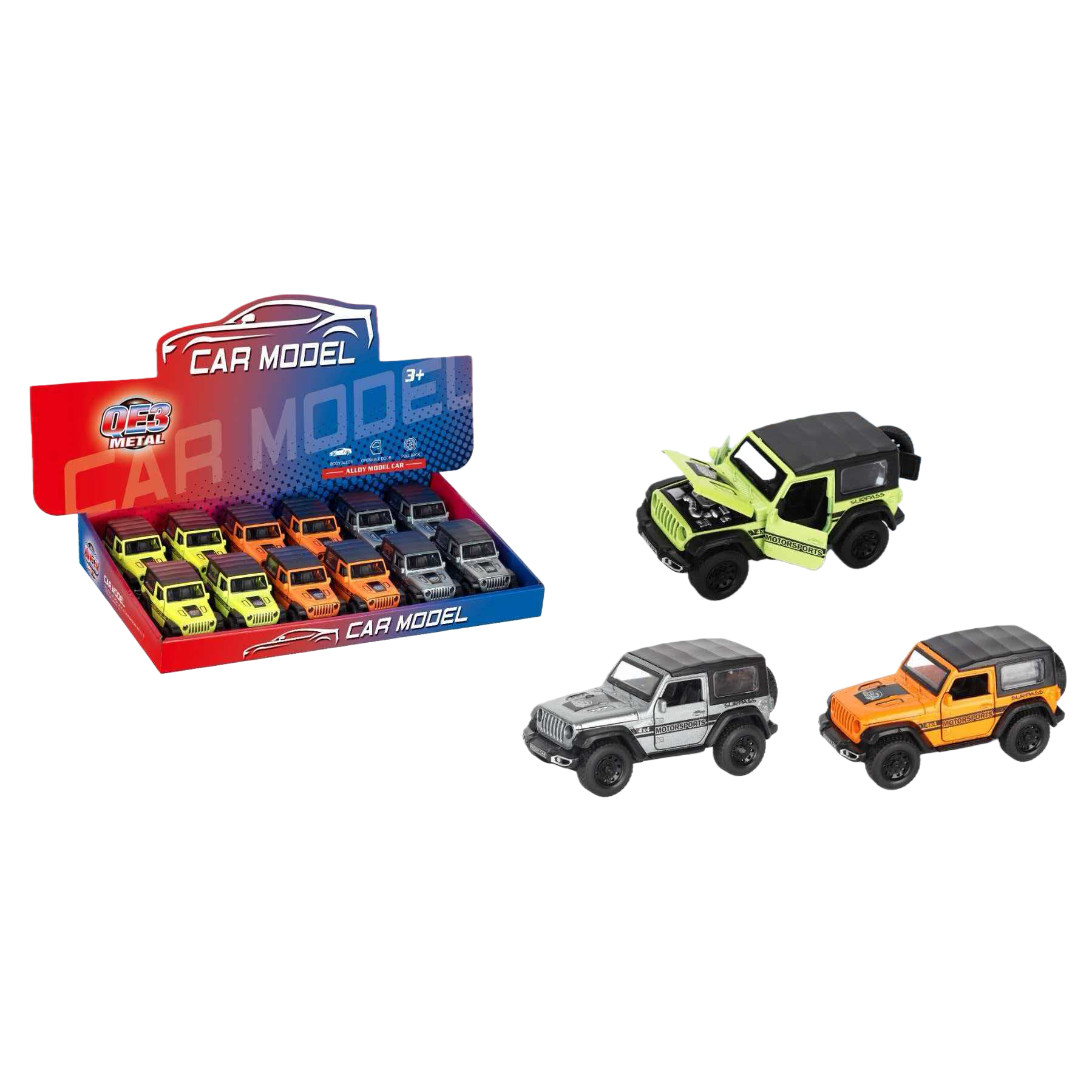 OE3 METAL alloy off-road vehicle model 1:32, four-door openable, green, silver, orange toy car, suitable for children over 3 years old Item Picture