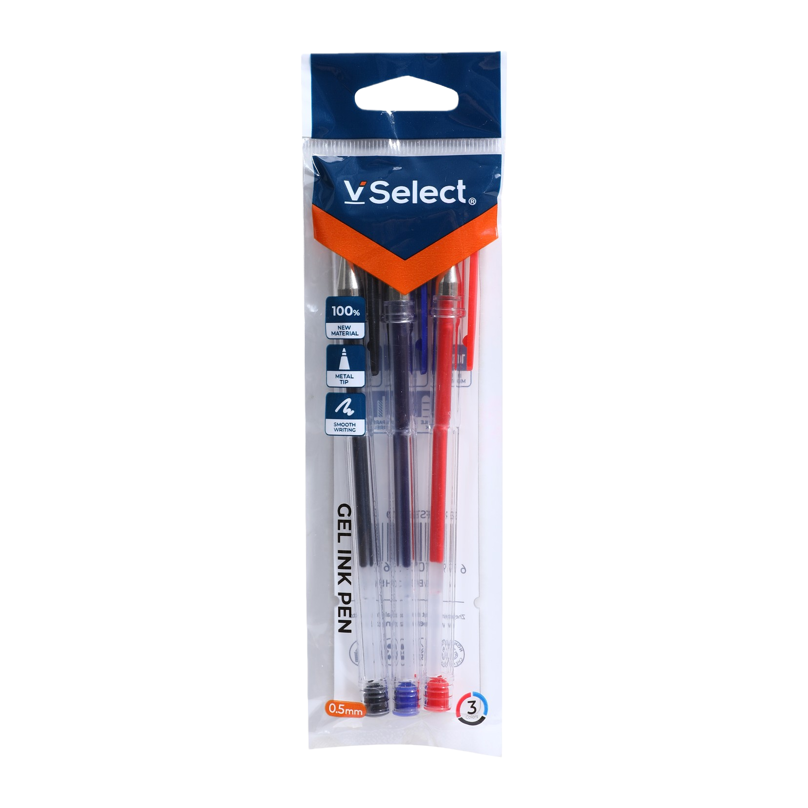 Three 0.5mm gel pens in black, blue and red, each bag, for export. Minimum order quantity: one box Item Picture