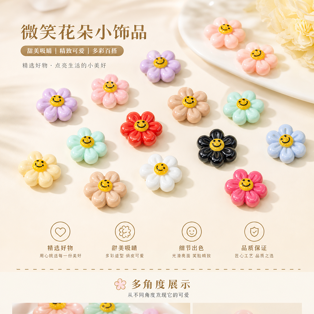 亚克力夏日奇幻印花笑脸太阳花竖孔diy手机链钥匙扣串珠挂件饰品材料详情1