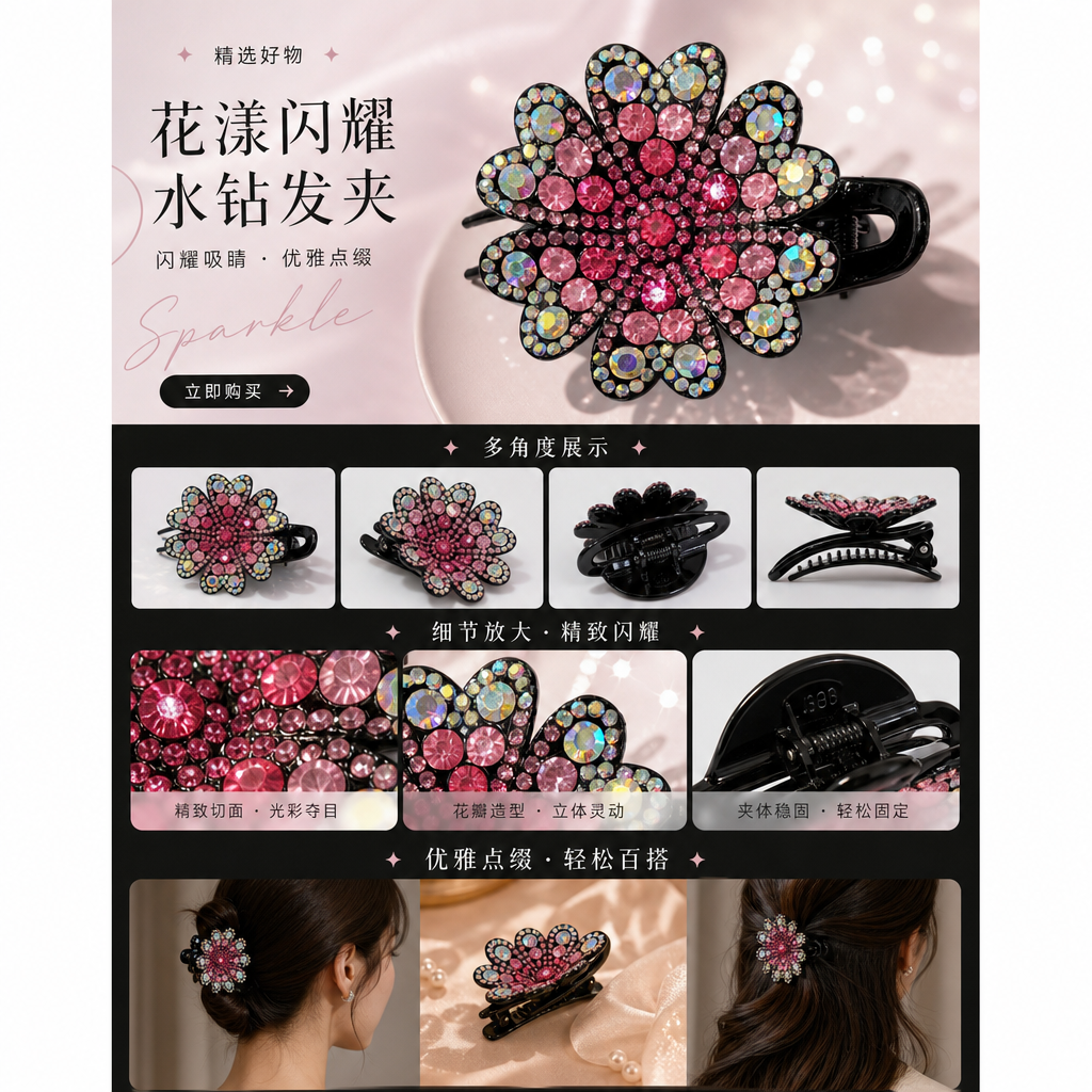 镶钻花朵抓夹发卡发饰 时尚百搭女士饰品详情1