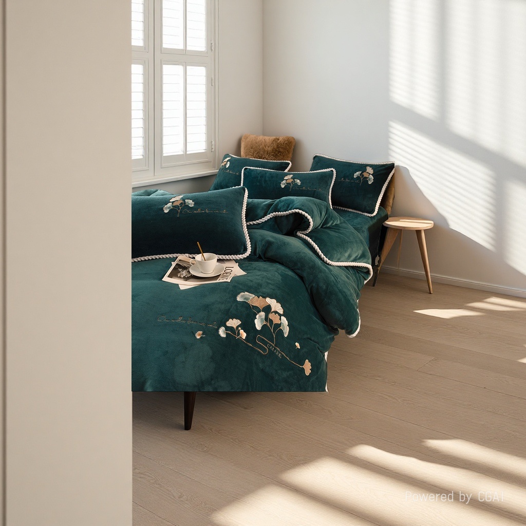 Dark green embroidered wedding bedding four-piece set 2026 new style home textile quilt cover pillowcase furniture supplies details Picture