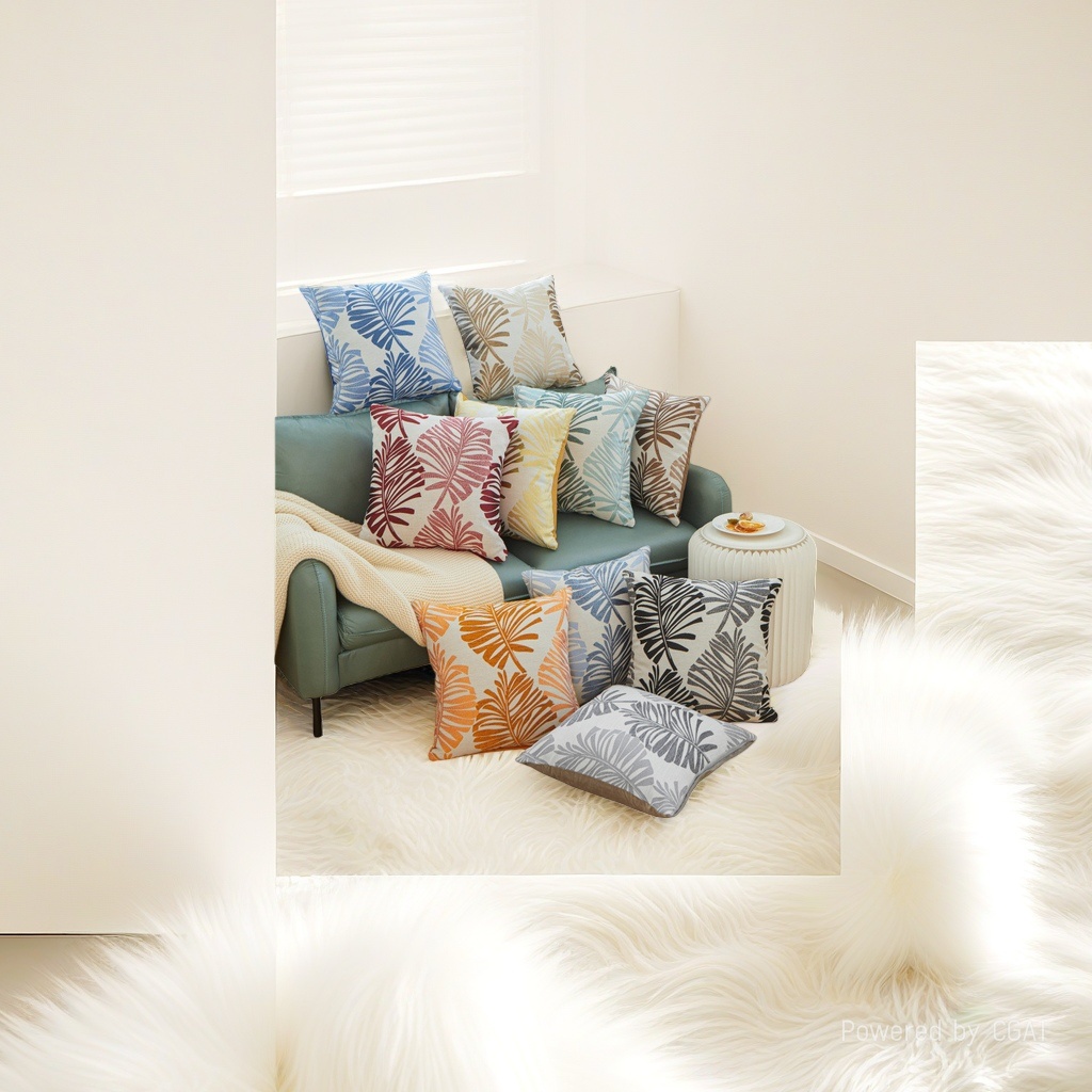 Wedding tropical plant-patterned throw pillows, hairscarves, sofa cushions and home wear matching details Picture