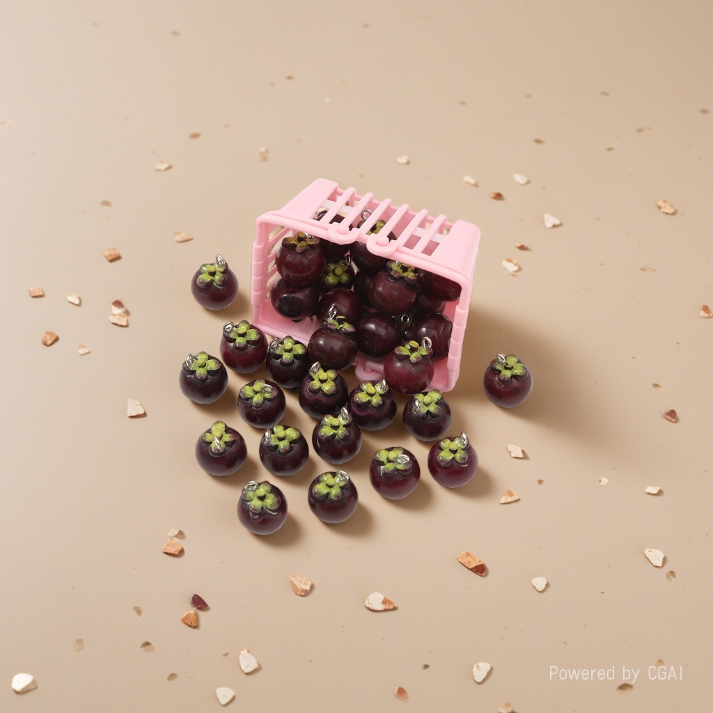 Wholesale of realistic mangosteen, fruit and vegetable food-shaped beads, plastic baskets, food play accessories and three-dimensional resin parts Specification image