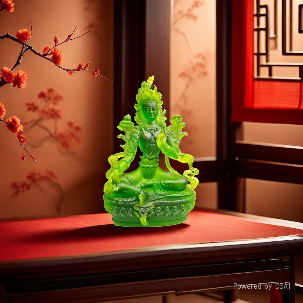 The ancient-style green Tara Buddha statue, a decorative item for worship in a Buddhist home, is suitable for Southeast Asia Application Scenario