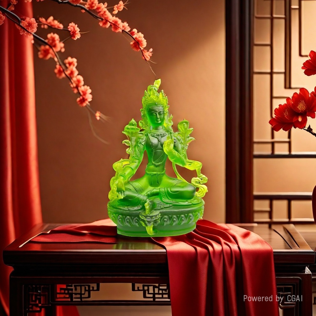 The ancient-style green Tara Buddha statue, a decorative item for worship in a Buddhist home, is suitable for Southeast Asia