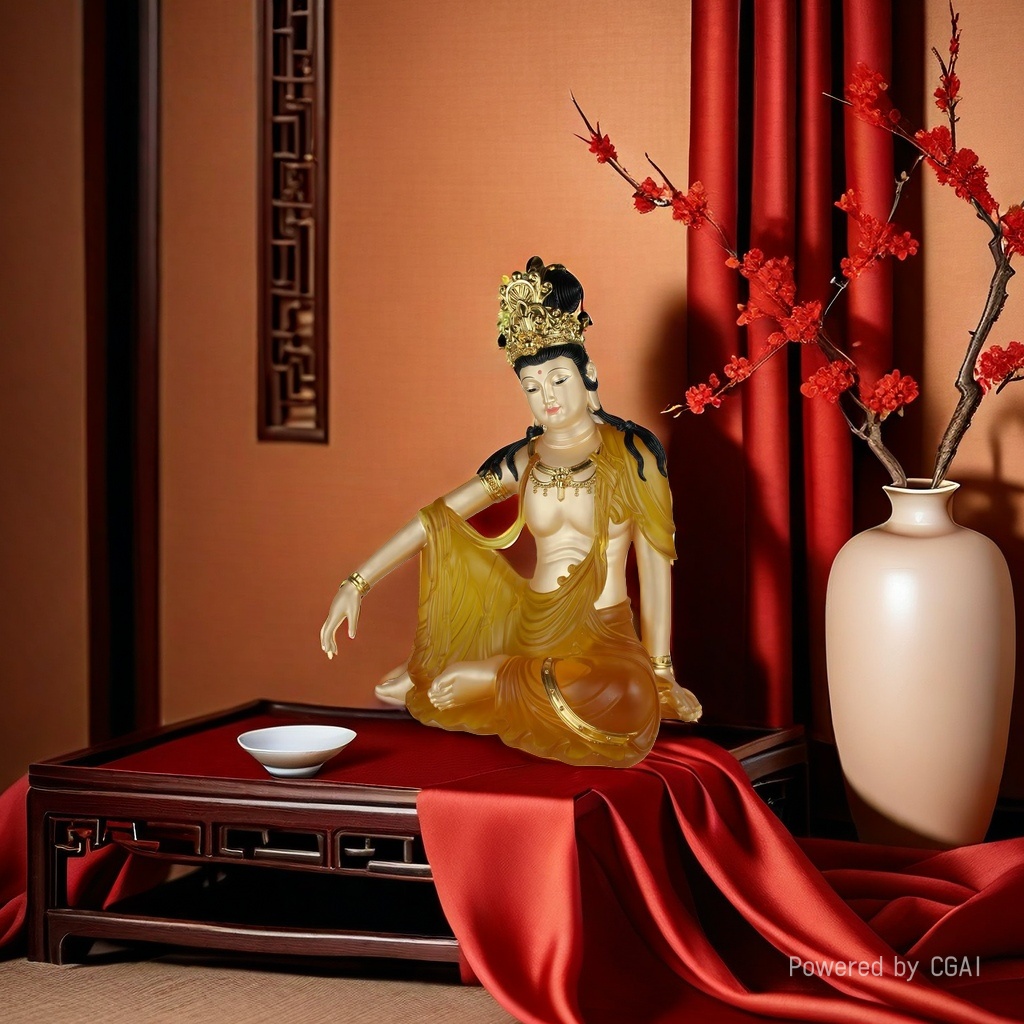 Ancient-style glazed carved flat lotus base of seated Guanyin, table and counter ornaments, Nanhai Guanyin Buddha handicrafts Application Scenario