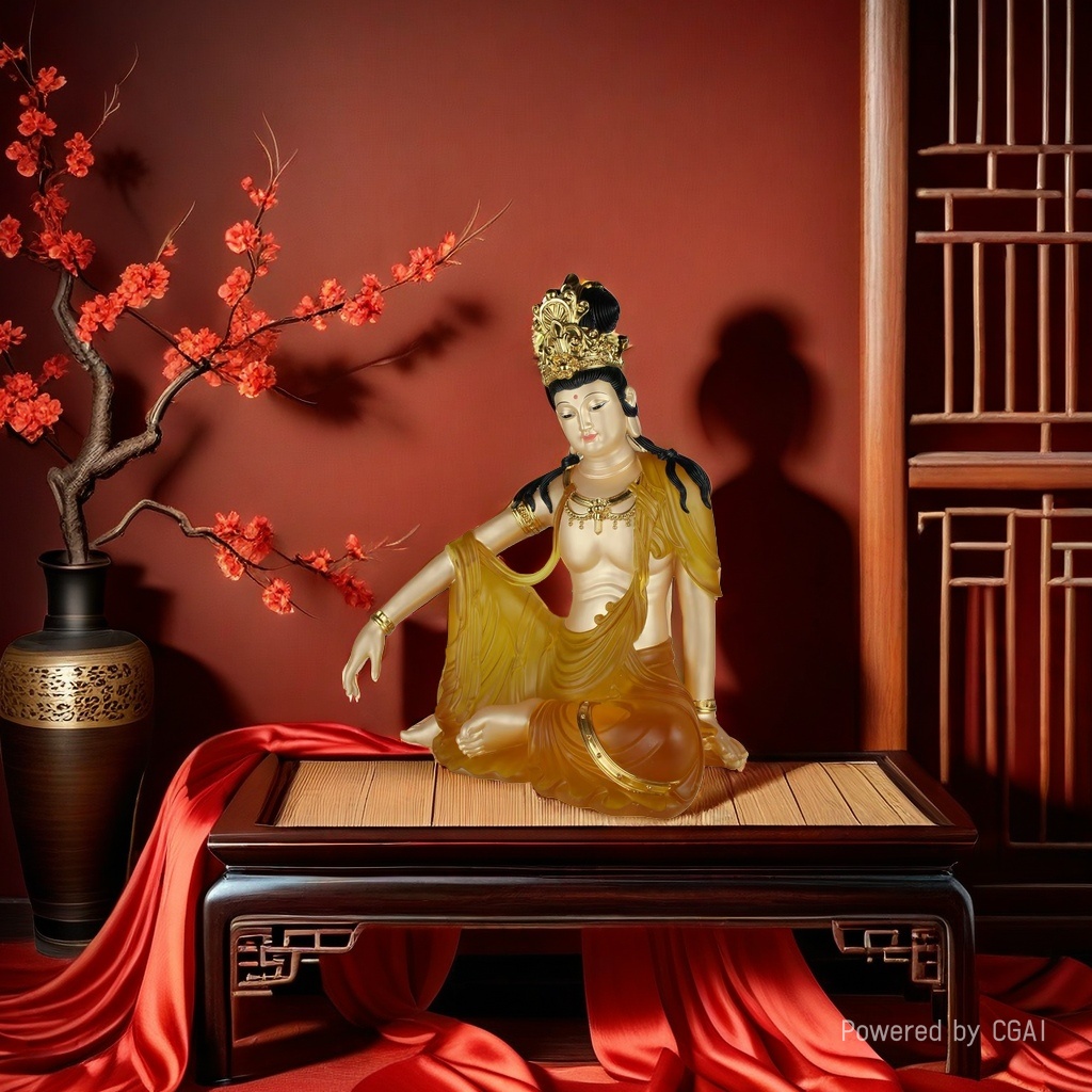 Ancient-style glazed carved flat lotus base of seated Guanyin, table and counter ornaments, Nanhai Guanyin Buddha handicrafts details Picture