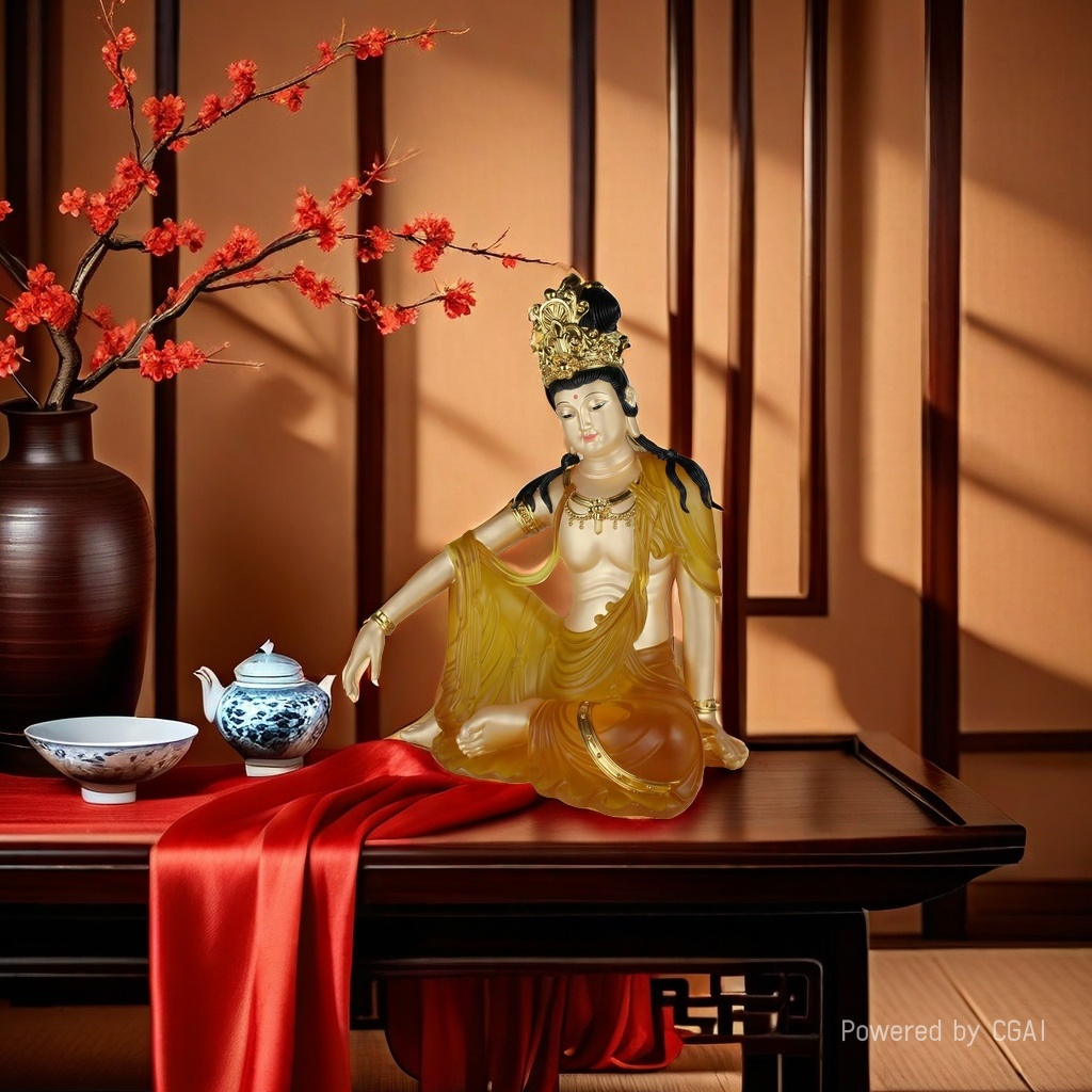 Ancient-style glazed carved flat lotus base of seated Guanyin, table and counter ornaments, Nanhai Guanyin Buddha handicrafts Specification image