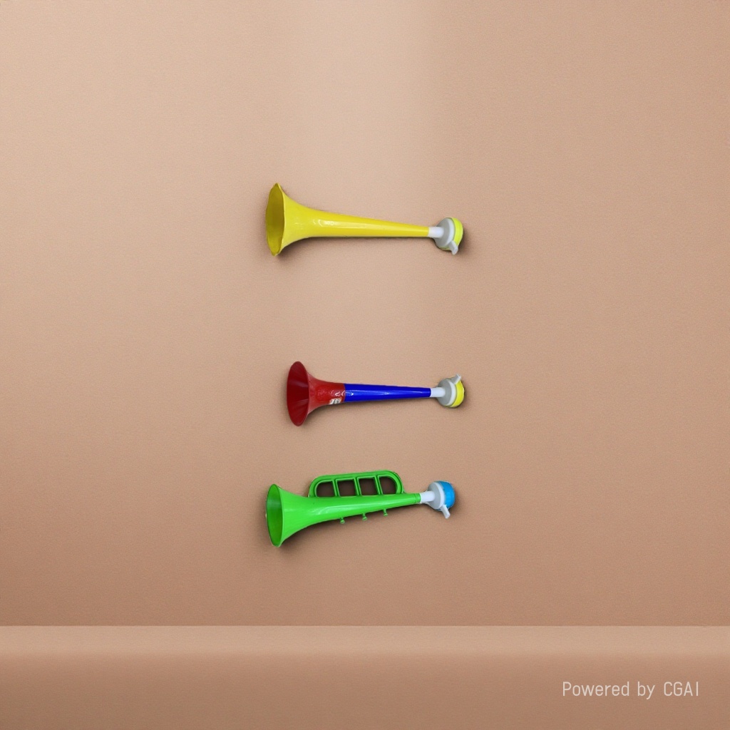 Colorful plastic fan cheer horns and football support horns are available in multiple colors