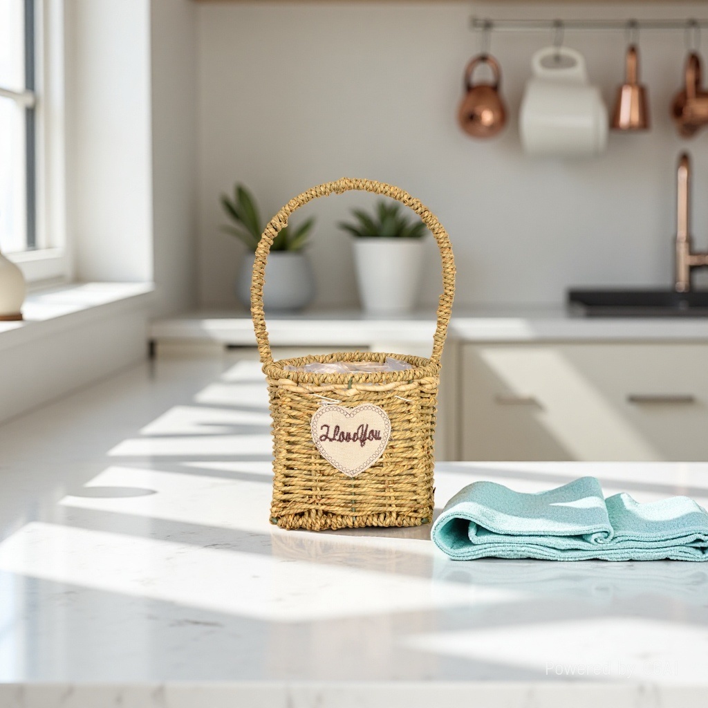 Wicker hand-held basket with handle, round-mouthed flower basket, waking flower bucket, ironwork flower basket, copper wire, plate and buckle strip, decorative flower bucket