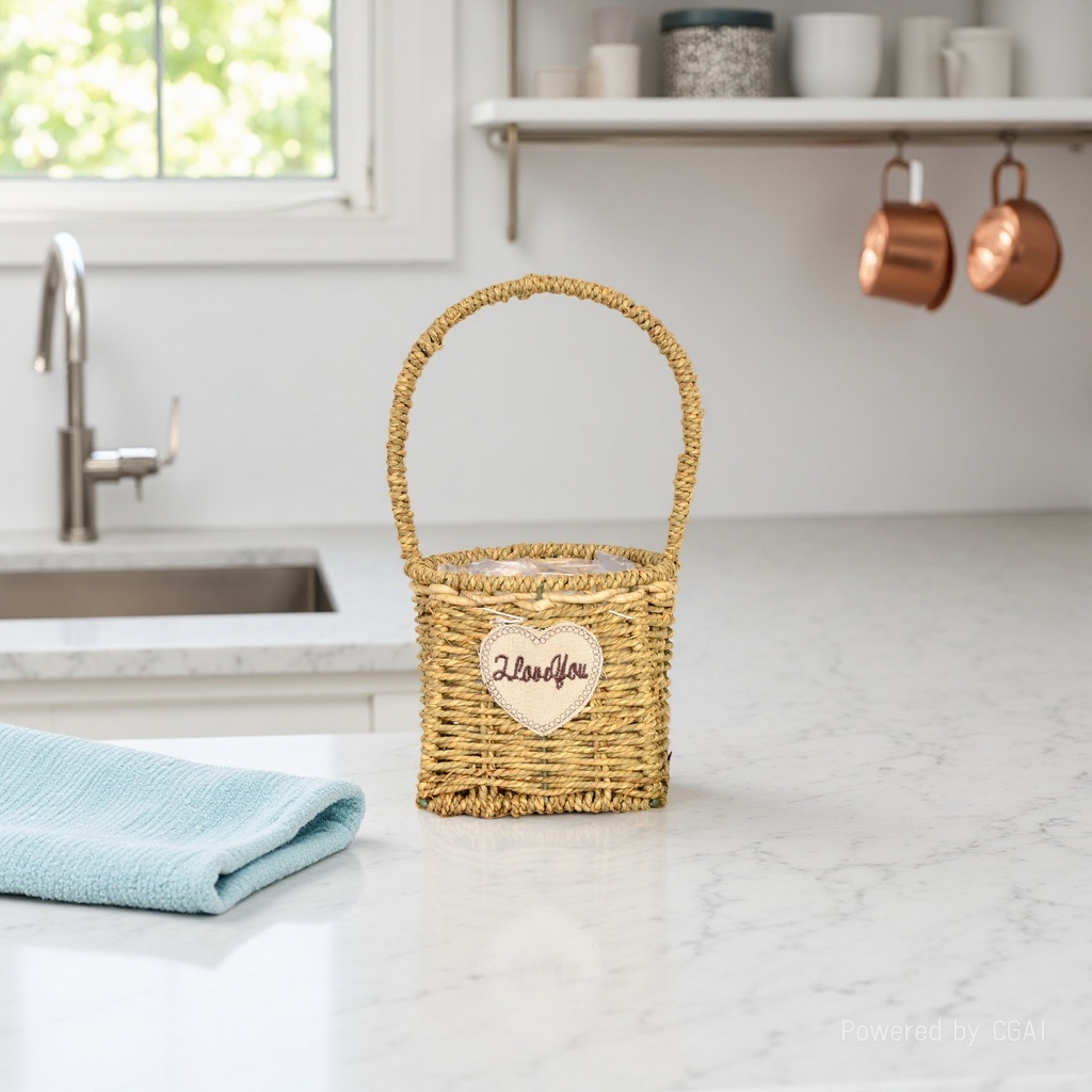 Wicker hand-held basket with handle, round-mouthed flower basket, waking flower bucket, ironwork flower basket, copper wire, plate and buckle strip, decorative flower bucket Application Scenario