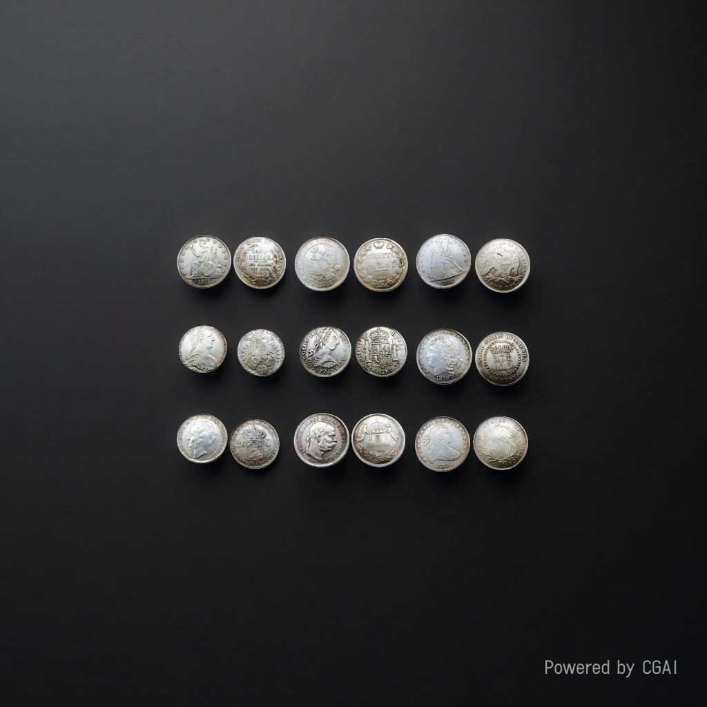 Silver-plated antique silver dollars, multi-country silver dollar collection, American, Spanish, Austrian and Hungarian silver dollar set, brass wave box details Picture